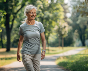 Wall Mural - an elderly woman in sportswear walking on a path in a park, smiling and looking happy while engaging in fitness activities