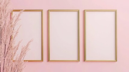 Three gold picture frames on pink background