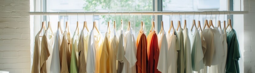 Colorful Assortment of Clothing on Wooden Hangers by a Bright Window in a Modern Boutique