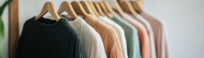 Cozy Knit Sweaters on Wooden Hangers in a Minimalist Wardrobe Setting