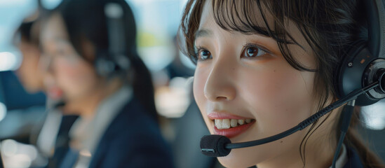 Poster - A group of Japanese office workers wearing headsets, smiling and looking at their computer screens in an elegant