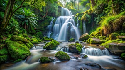 Wall Mural - Tropical forest waterfall cascading over mossy rocks with long exposure , lush, green, trees, foliage, nature, exotic