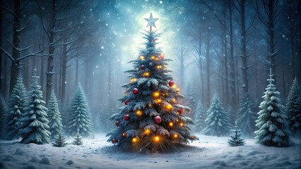 Sinister Christmas tree standing in a creepy forest covered in grunge snow , sinister, Christmas tree, creepy, forest, grunge, snow