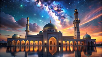 Glorious night sky over the tranquil mosque A serene sight , night, sky, stars, mosque, peaceful, serene