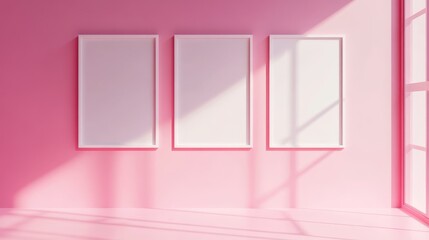 Three white picture frames on pink background