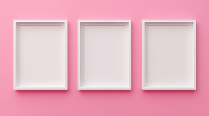 Three white picture frames on pink background