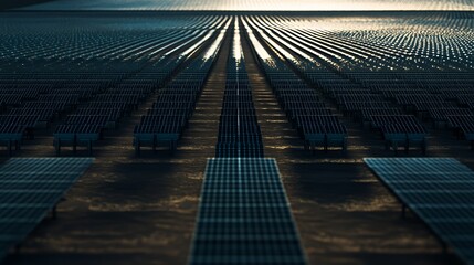 Rows of solar panels in a field at sunset.