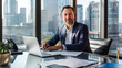 © Ali - portrait of a businessman seated at a large, elegant desk in a modern office, with a laptop open, documents spread out, and a city skyline visible through the floor-to-ceiling windows.