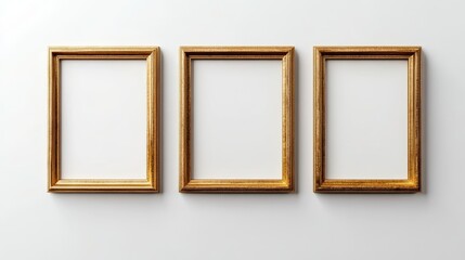 Three gold picture frames on white background