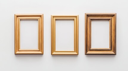 Three gold picture frames on white background