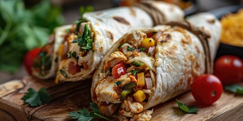 Wall Mural - Close up of chicken and vegetable burritos on a wooden desk