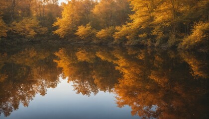 Wall Mural - Captivating autumn reflections amidst golden trees along a serene riverbank at dawn