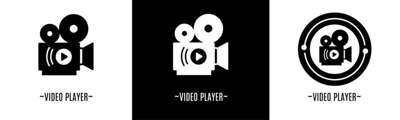 Sticker - Video player logo set. Collection of black and white logos. Stock vector.