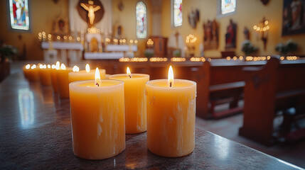 Dimly lit church interior with multiple burning candles on a stand, set against a blurred background of an ornate altar. The warm glow of the candles evokes a sense of peace, reverence, and sacredness