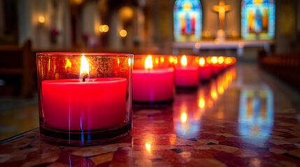 Wall Mural - Dimly lit church interior with multiple burning candles on a stand, set against a blurred background of an ornate altar. The warm glow of the candles evokes a sense of peace, reverence, and sacredness