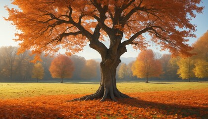 Majestic autumn tree standing tall amidst a vibrant orange landscape at dusk