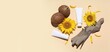 © Pixel-Shot - Cosmetic products, coconuts and sunflowers on beige background with space for text