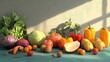 © Aris Suwanmalee - A vibrant still life of fresh fruits and vegetables, bathed in warm sunlight.