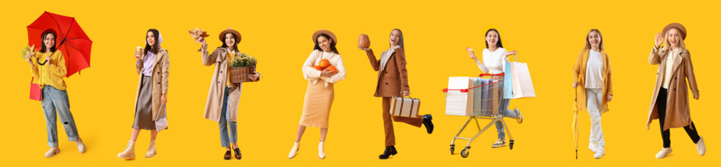 Sticker - Collage of stylish women in autumn clothes on yellow background