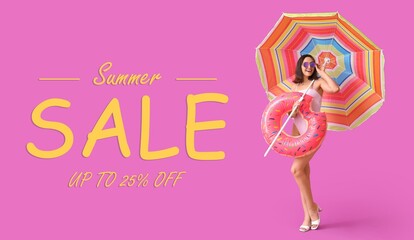 Wall Mural - Banner for Summer Sale with young woman with inflatable ring and umbrella