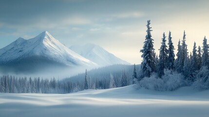 snowy mountain landscape trees snow covered ground volumetric natural panoramic space tundra business products supplies white grey color oil gentle mists