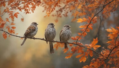 Wall Mural - Three charming sparrows perched among vibrant autumn leaves at dusk