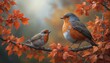 © Andrey - Two beautiful birds perched on colorful autumn leaves on a crisp morning