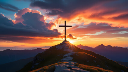 Wall Mural - christian cross mountain sunset generative ai