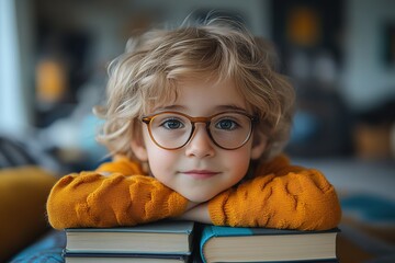 School kid with pile of books. Children enjoying book story in school library.