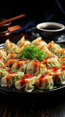 Wall Mural - gyoza or dumplings snack with soy sauce 