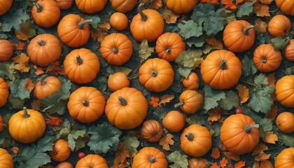 vibrant orange pumpkins lining the ground under autumn leaves in a sunlit patch