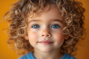 Portrait of a little boy with curly hair on an orange background, exuding joy and playfulness.