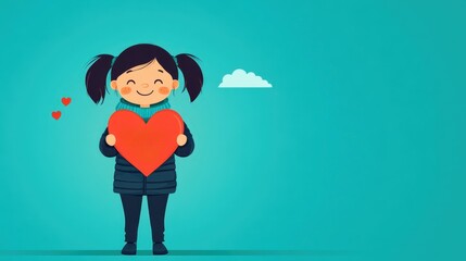 Cute girl holding a red heart symbolizing love and kindness on a teal background
