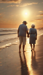 senior citizen couple walking on the beach sunset retirement travel