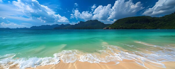 Wall Mural - Serene Tropical Beach with Lush Green Mountains and Blue Skies