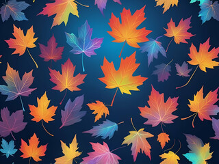 abstract neon Autumn falling leaves isolated on blue gradient background. holographic pastel Autumn maple and oak leaves