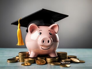 Piggy bank with coins and black graduation cap as a symbol of education loan