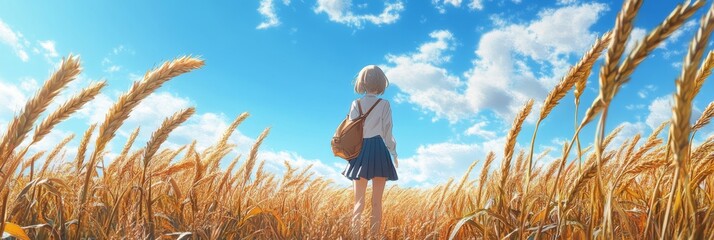 Autumn's Enchanted Hills: Anime-Style Wheat Fields in a Harvest Celebration, Ideal for Seasonal Art and Storybook Illustrations,anime-style,illustration,Picture BooksFor Poster,Novel,UI,WEB,Game,Desig