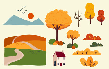 Wall Mural - set of element object autumn season for landscape card design