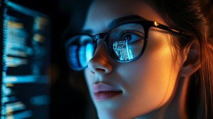 Close-up of a Woman's Face Reflected in a Computer Screen