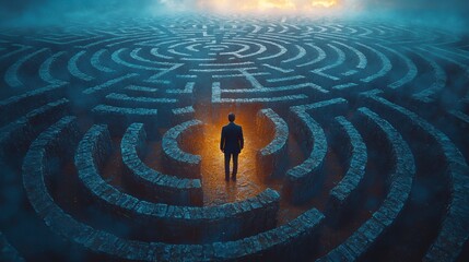 A man in a business suit stands at the entrance to an endless maze, symbolizing difficulties and uncertainty.