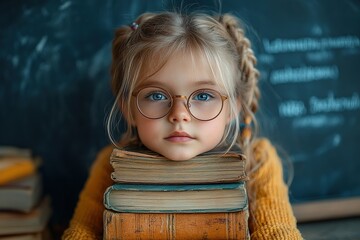 education and school concept - smiling little student girl with many books at school