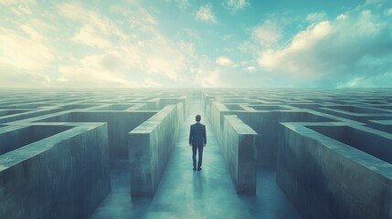 A man in a business suit stands at the entrance to an endless maze, symbolizing difficulties and uncertainty.