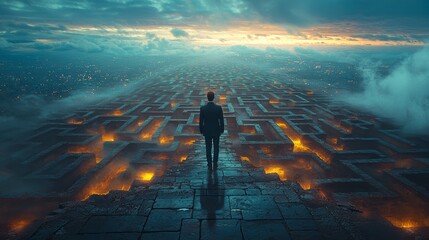 A man in a business suit stands at the entrance to an endless maze, symbolizing difficulties and uncertainty.
