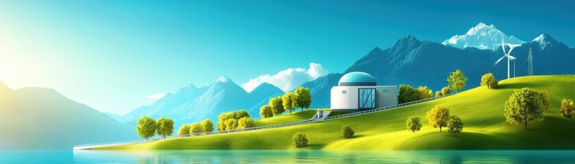 Wall Mural - Renewable Energy Generation: Hydropower Plant in Majestic Mountain Setting - Flat Design Illustration