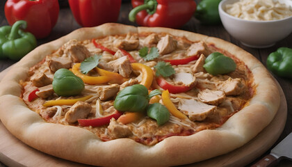 Sticker - spicy thai chicken pizza with peanut sauce, cheese, and bell peppers