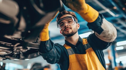 A young mechanic in safety glasses and yellow gloves inspects the underside of a car in a workshop.