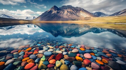 Wall Mural - Colorful pebbles and mountains make this lake look amazing.