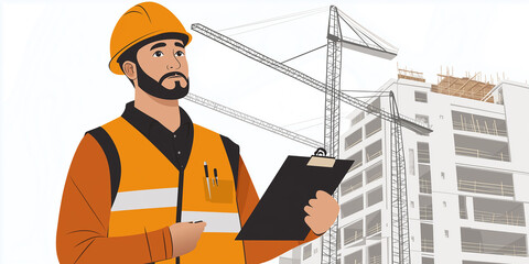 Aufkleber - Construction manager holding a clipboard and inspecting a building site with cranes