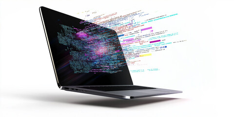 Fototapete - Modern laptop displaying complex programming code on white background